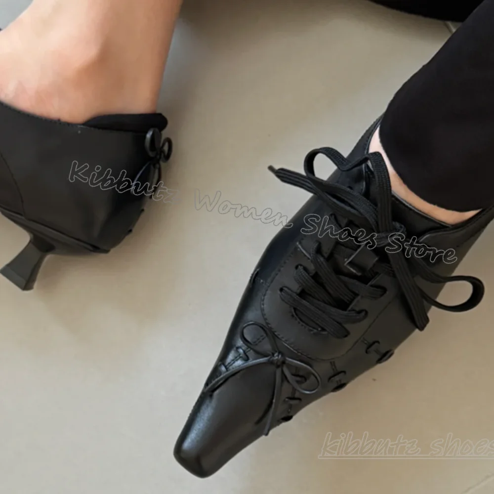 

Vintage Pumps Pointed Toe Flat with Leather Bows Lace-Up Solid Color Fashion Novelty Sexy Concise Sweet Party Women Shoes Newest