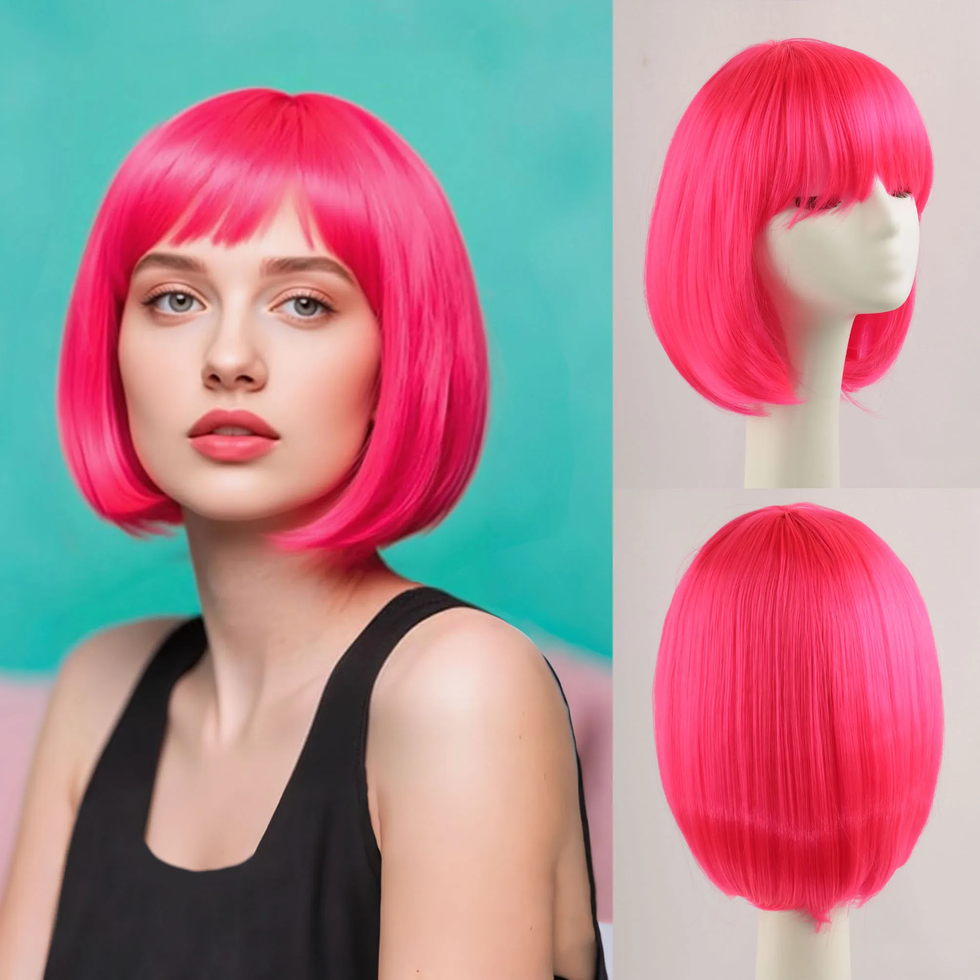 

Ярко-розовый женский короткий парик Боб с челкой, синтетическое волокно 14 дюймов, для ролевых игр, Хэллоуина, вечеринок и праздников.