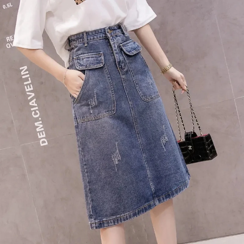 

Summer Denim Skirt Women New Korean Fashion High Waist Slim Mid-length A-line Faldas Harajuku Casual Pocket Jeans Falda Mujer