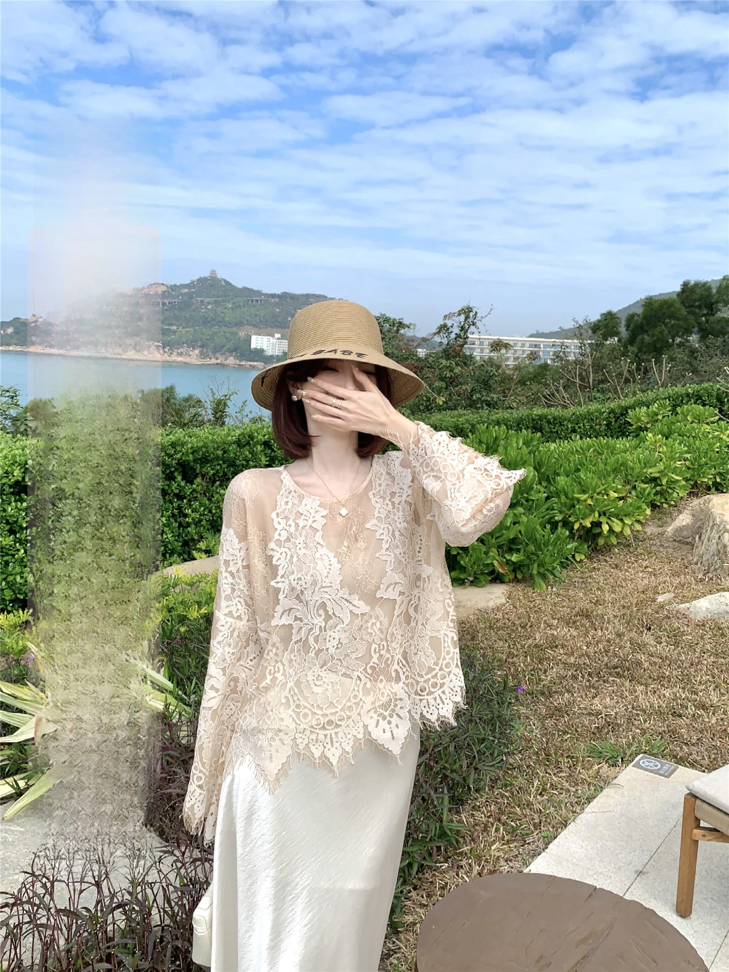 

Элегантный простой модный весенний топ с ажурным кружевом для женщин, роскошный, из смесового хлопка и нейлона, с длинными рукавами, дышащий