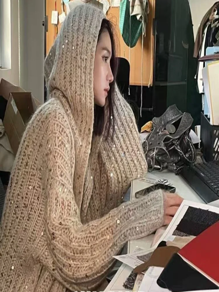 

Осенний новый свободный вязаный свитер, кардиган, женский блестящий трикотаж с капюшоном adient, модный длинный свек для поездок на работу