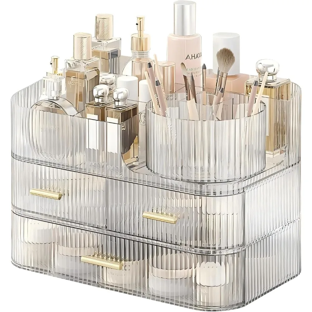 DASITON Makeup Organizer with Drawers and Rotating Makeup Brush Holder,Large Capacity Stackable Cosmetic Organizer Countertop,Ba