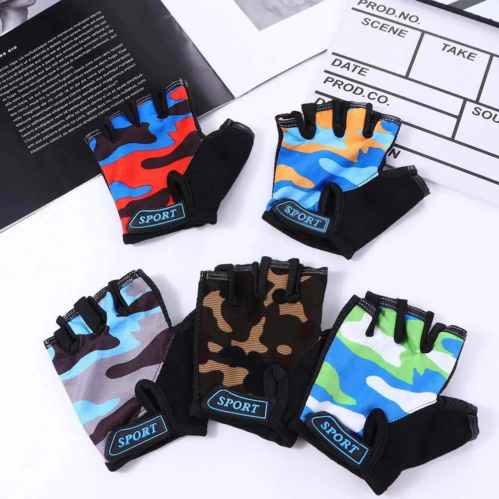 

Durable Skating Elastic Hiking Anti-sweat Camouflage Bike Mittens Children Cycling Gloves Riding Equipment Half Finger Golves