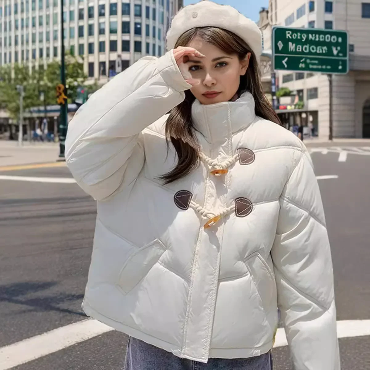 

2025 Women 's Female Thicken Short Cotton Jacket Winter High Collar Warm Jacket Horn Button Women's Winter Jacket Coat For Women