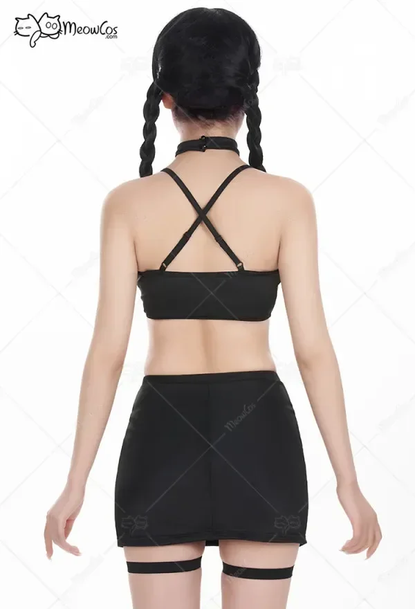 Meowcos Costume da bagno a due pezzi nero con ritaglio gotico da donna con cinturino per le gambe