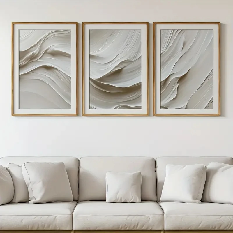3 pçs/set Neutro Bege Arte de Parede Simples, Pintura Abstrata Ondulada em Tela, Decoração de Parede Moderna Escritório Café Bar Decoração de Casa