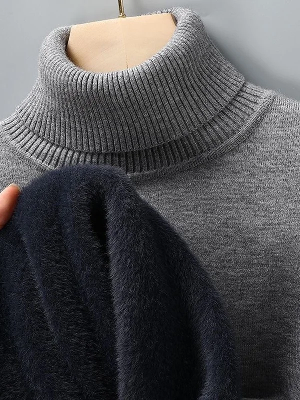 Men's Winter Thickened Fleece Lined High Collar Sweater Slim Fit Fashionable Urban Style Long Sleeve Casual Warm Top
