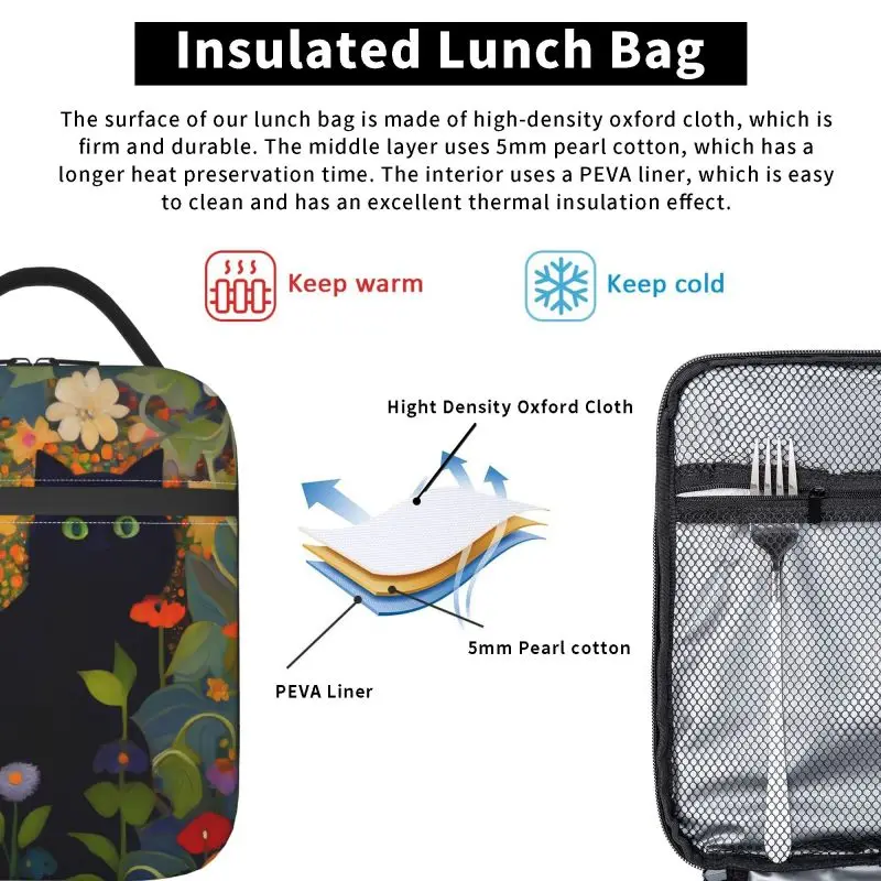 Flower black cat coffee Insulated Thermal Bag Lunch bag Foods Drink Storage Leakproof Picnic Camping Bags Outdoor Box beach