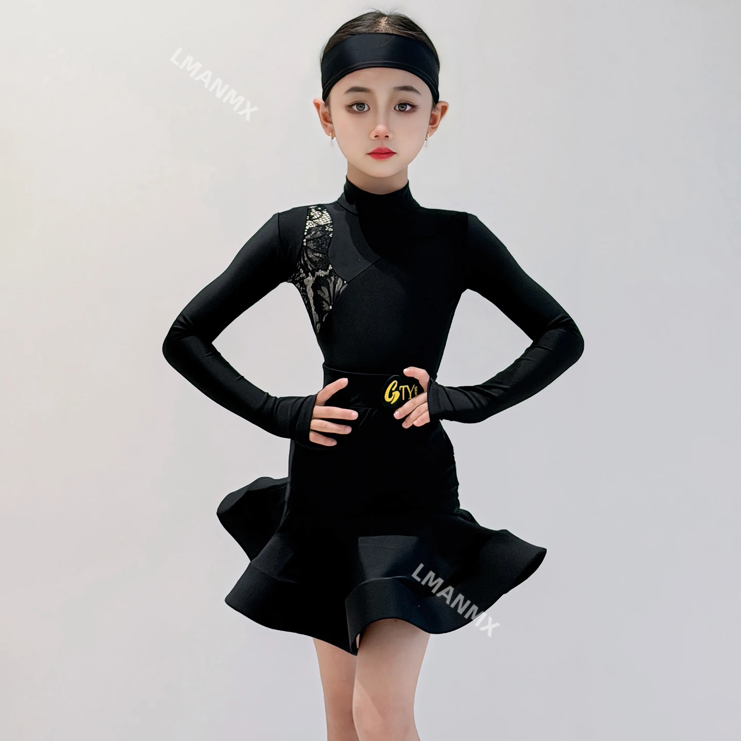 

2025 New Latin Dance Dress Winter Dress Girls' Black Advanced Fishbone Practice Dress Set