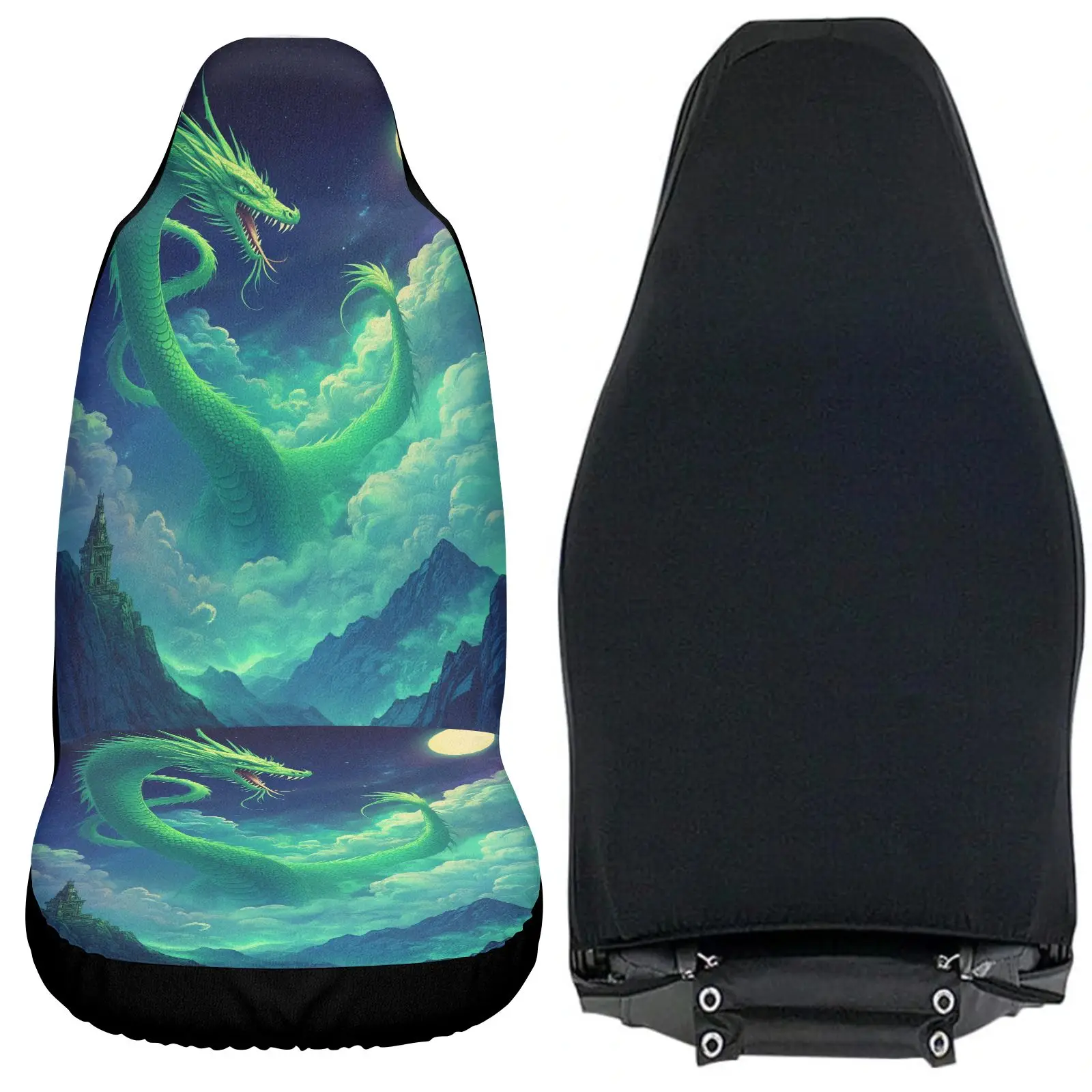 2pcs Car Seat Covers | Green Dragon Fantasy Art Print Polyester Car Seat Covers For Universal Fit And Car Interior Decor