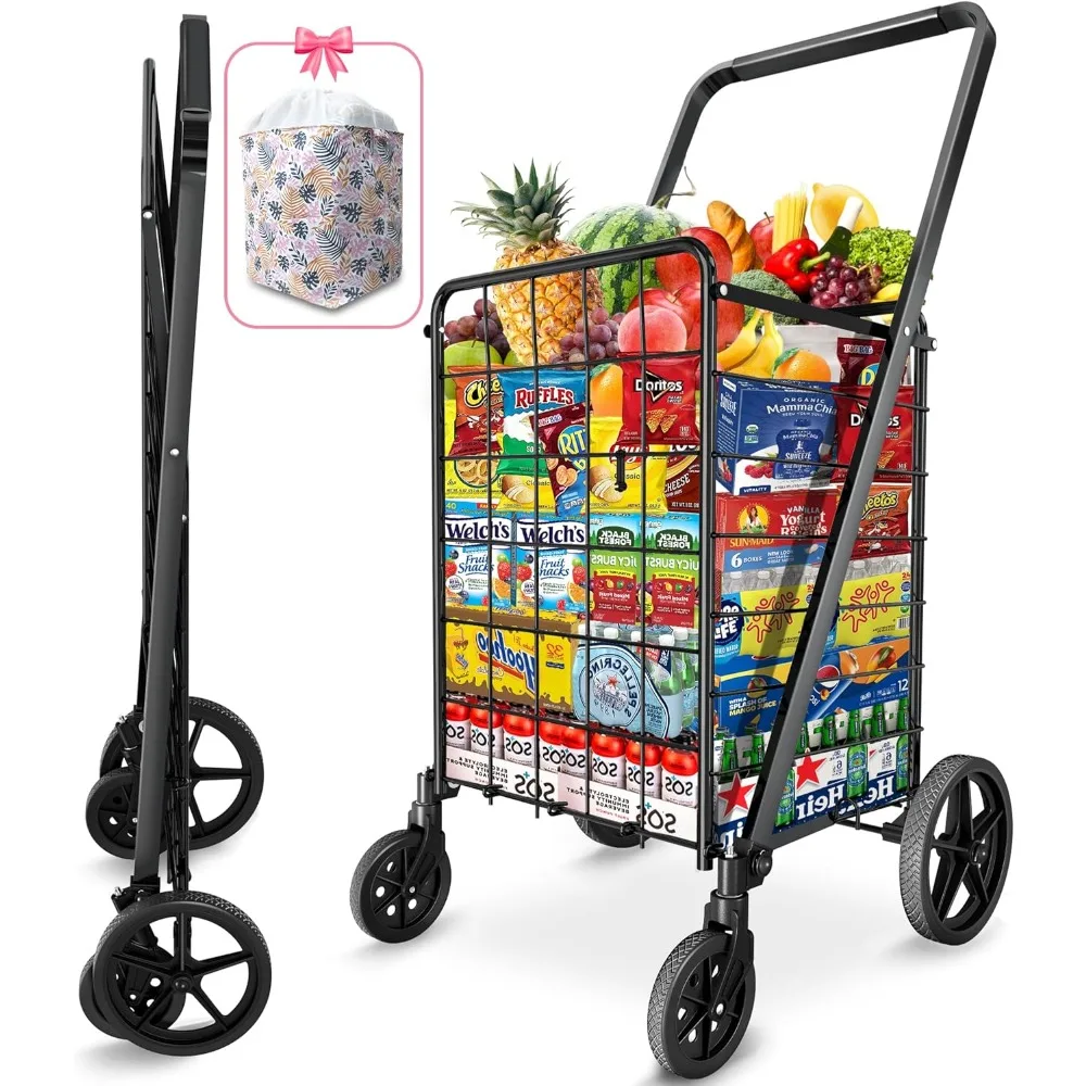 

Folding Shopping Carts for Groceries,27GAL/220lb,Grocery Cart with 360° Rolling Swivel Wheels, Collapsible Rolling cart