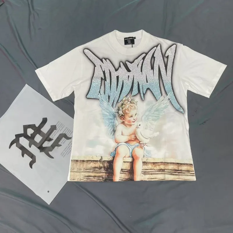 

2025 SS MIXED EMOTION White T-Shirts Men Women Pure Cotton Casual Angel Hot Drill Short Sleeves