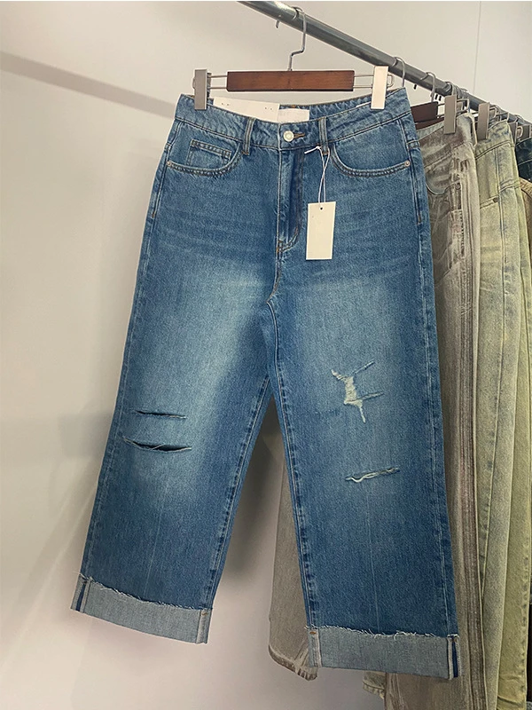 Dave&di French Fashion Minimalist Ripped Jeans Loose Straight Denim Pants Cut Flanged Retro Washed Blue Cropped Jeans Women 2026