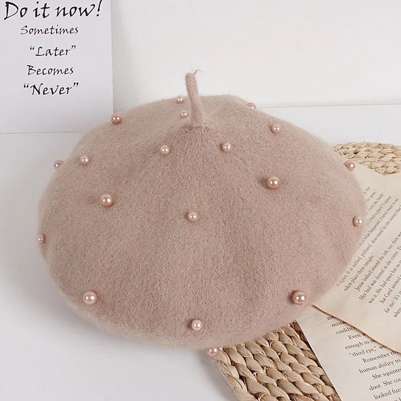 Spring Autumn Vintage Rivet Pearl Girl Baby Berets Wool Solid Color Girls Beret Hat Christmas Bonnet Caps Painter Cashmere Hat