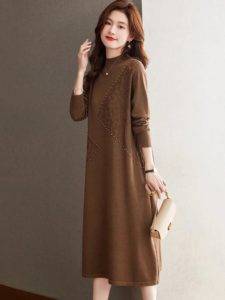 New Women Autumn Winter Basic Sweater Dress Fashion Half High Collar Loose Beading Knitted Dress Casual A-straight Long Sweater