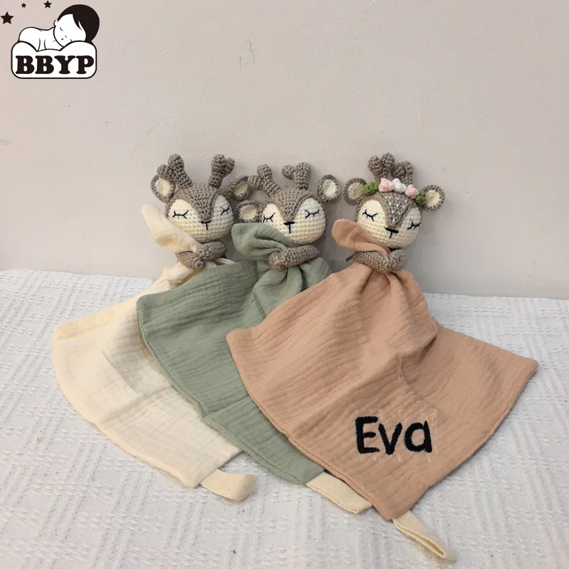 Personalized Name Deer Elk Toy Cute Baby Towel Feeding Bib Soft Security Blanket doudou Cotton Burping Cloth Infant Shower Gift