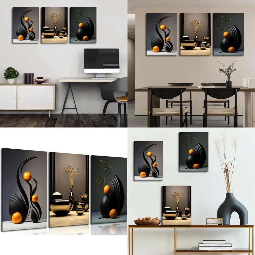 

3D Abstract Art Sculpture - Modern Ceramic Wall Decor, Orange & Black Still Life Prints for Home