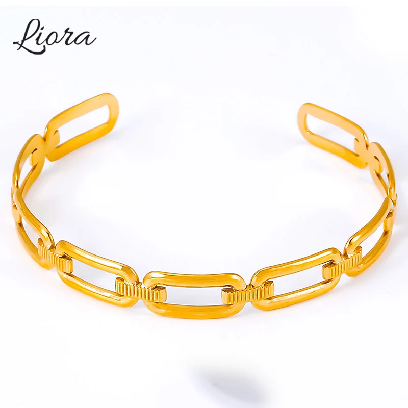 Liora Simple Cuff Bracelets For Women Men Stainless Steel Hollow Square Wristband Round Unisex Bangles Waterproof Jewelry Gifts