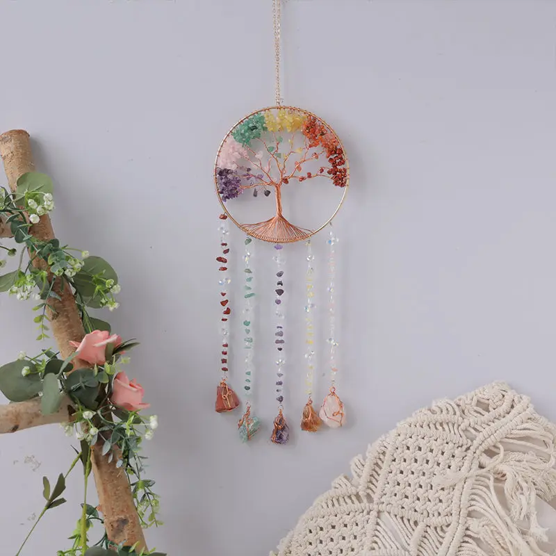 

Crystals Gems 7 Chakras Tree of Life Natural Stones Agate Amethyst Citrine Quartz Hanging Ornaments for Home Living Room Decor