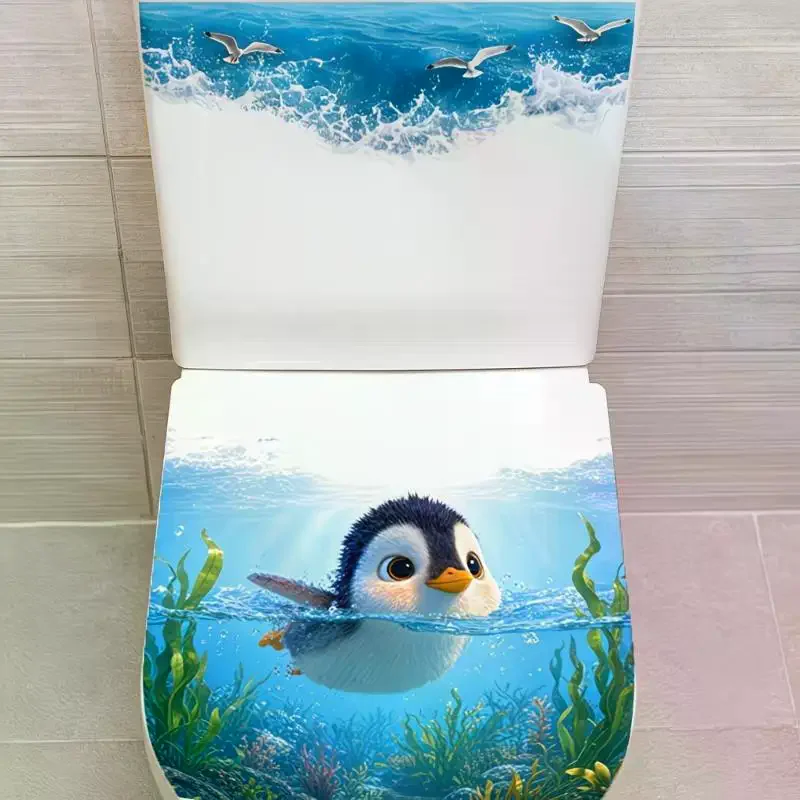 Cartoon Penguin Ocean Print Toilet Lid Sticker Waterproof Self Adhesive Design Perfect Home Bathroom Decor Easy Apply