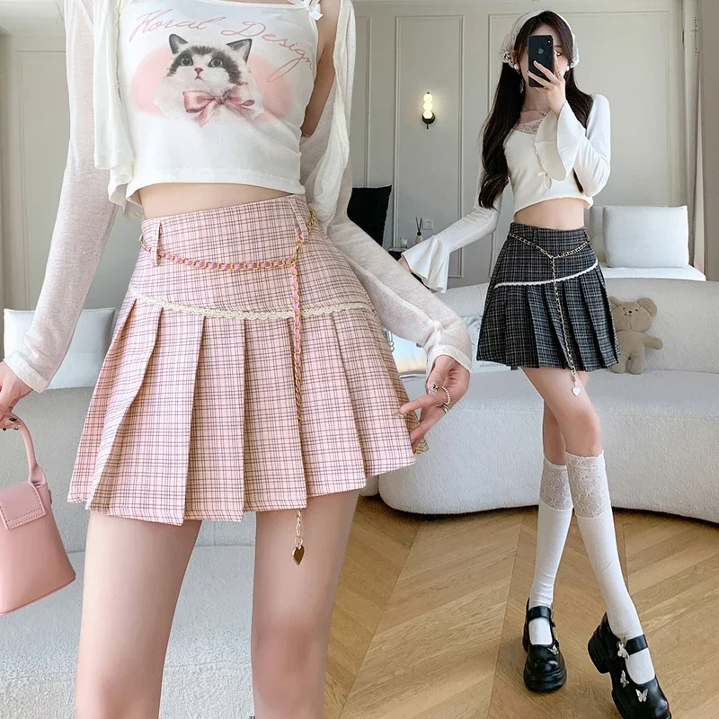 Summer high waisted plaid pleated skirt for women 2024 sweet commuting anti glare A-line skirt short skirt half skirt