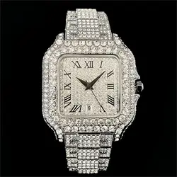 MISSFOX-Montre à quartz glacée pour homme, date automatique, horloges étanches, Hip Hop, plein diamant, carré, montre-bracelet AAA, mode, 2023