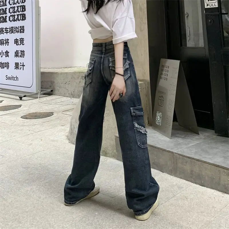 Women Vintage Y2K Streetwear Baggy Cargo Jeans High Waisted Straight Wide Leg Pants Denim Trousers Fairy Grunge Alt Clothes