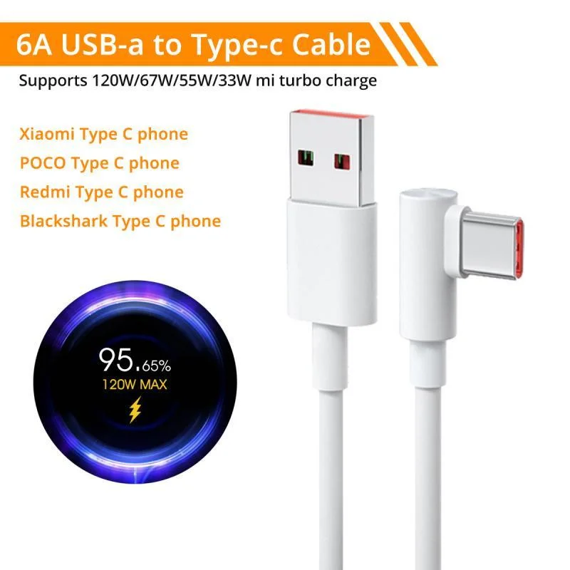 Original Xiaomi 120W 6A Usb Type C Game Fast Charging Cable 90 Degree Elbow For Mi 12 11 10 9 Poco X5 Redmi Note 12 Pro + Tipo