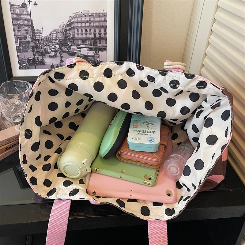 Cute Sweet Polka dot Design Canvas Shoulder Bags For Women Deformable Fabric Large Capacity Shopping Totes 2026 Spring Handbags