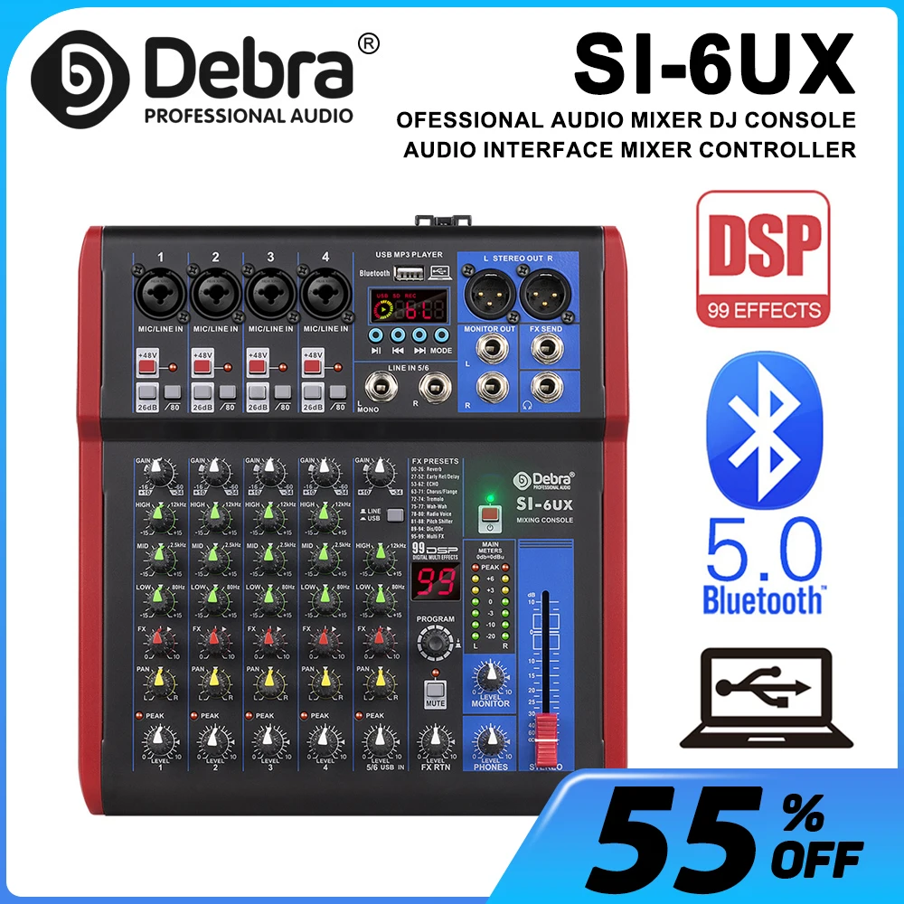 

4 6 8-Channel Professional Audio Mixer with Bluetooth 5.0 USB, 99 DSP Digital Effects, DJ Tuner for Studio, Concert, Karaoke