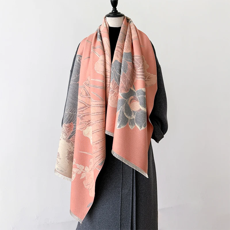 موضة جديدة النمط الصيني الوجهين الجاكار سميكة الباشمينا وشاح الكشمير قصيرة اللحية شال الشتاء الدفء وشاح الإناث #5