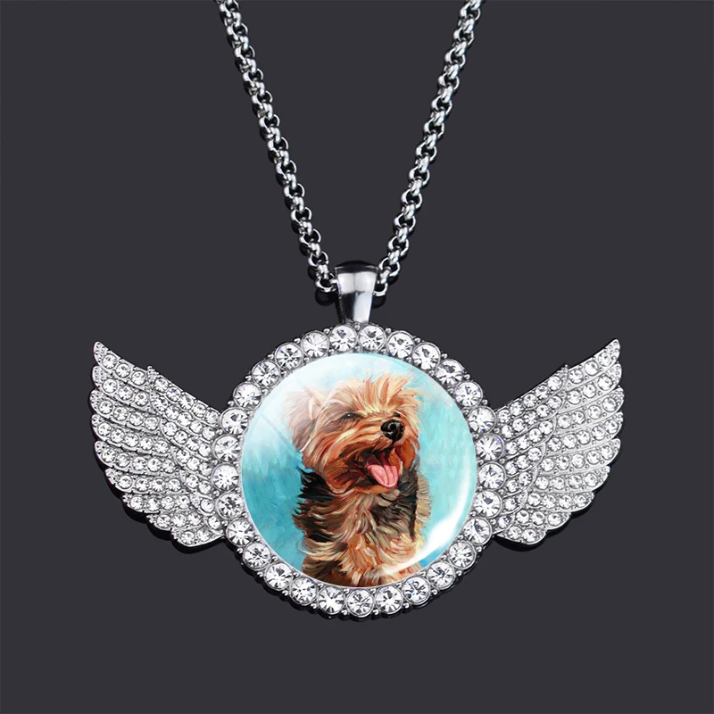 Cute Dog Picture Glass Cabochon Necklace Angel Wings Rhinestone Pendant Dog Lovers Jewelry DropShipping