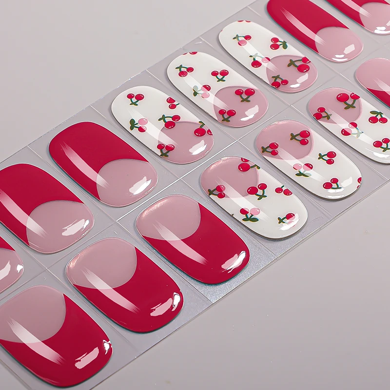 16Tips Summer Cherry Heart Semi Cured Gel Nail Strips French Gradient Self-Adhesive Gel Nail Wraps Full Cover UV Nail Sticker