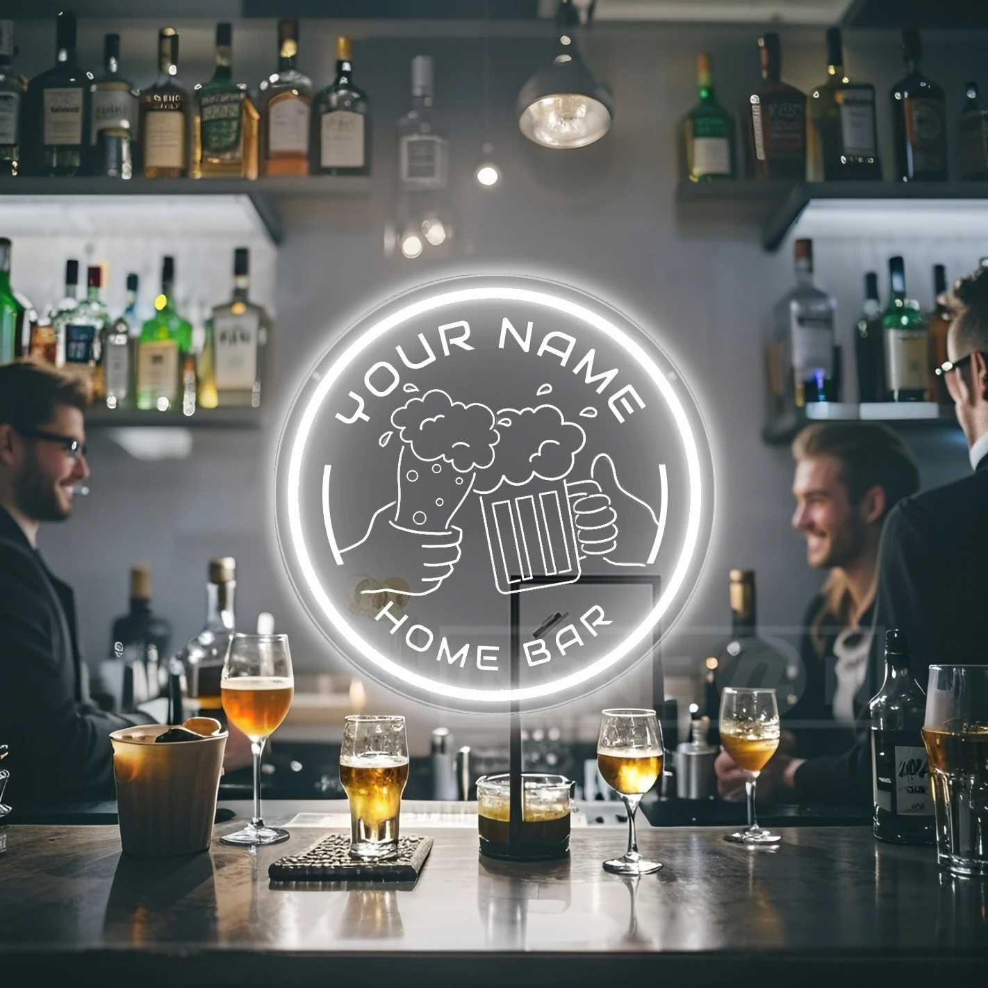 

Customizable Cheers Logo LED Neon Sign Personalized Round USB Light Wine Glass Design Wall-Mount for Bar Pub Night Markets Decor