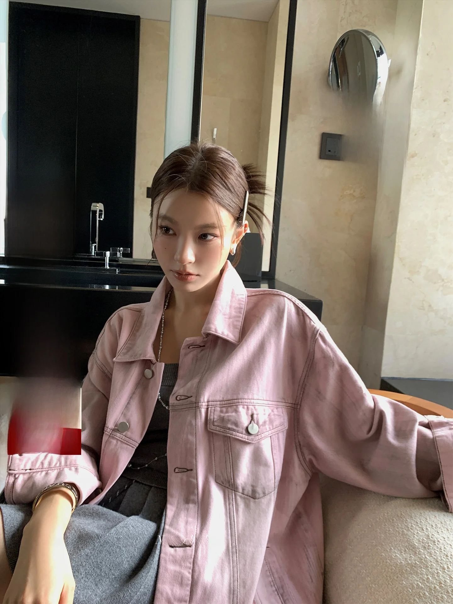 

LIONE ular Contestant Worn Pink Wa Denim Jaet Casual Long Coat Button Closure Collar Commute Sle Loose Fit