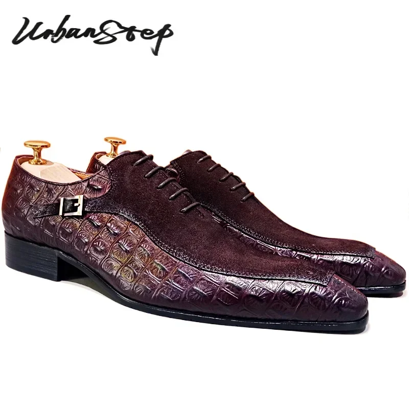 

Top Selling Men Oxford Shoes Lace up Split Toe Brown Black Mens Dress Shoes Suede Mix Crocodile Print Leather Shoes Men