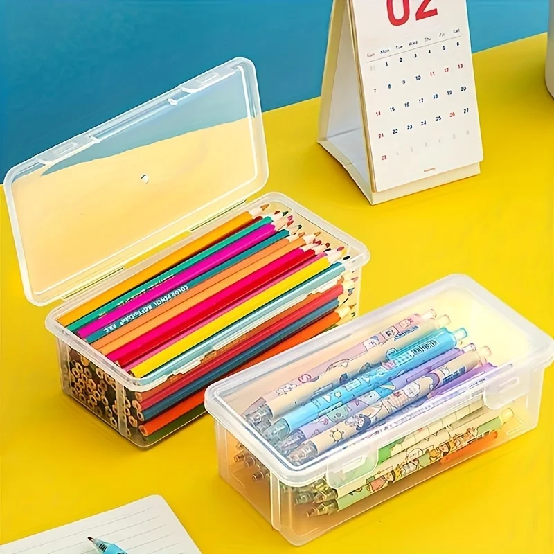 

2pcs Large Transparent Storage Box with Hinged Lid - Perfect for Pens, Pencils, Markers & Crafts School and Office Organization