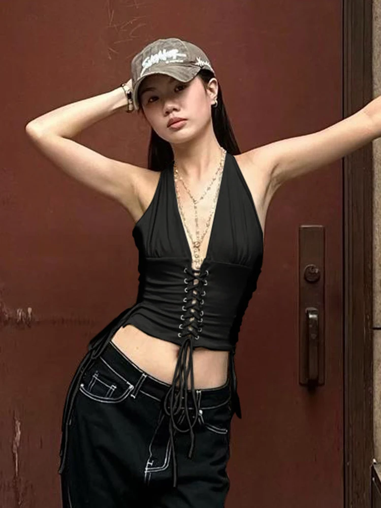 Nibber Halter Profondo scollo a V Top da donna Lace-Up senza maniche Backless Solid Street Sexy Midnight Skinny Summer Fashion Gilet versatile