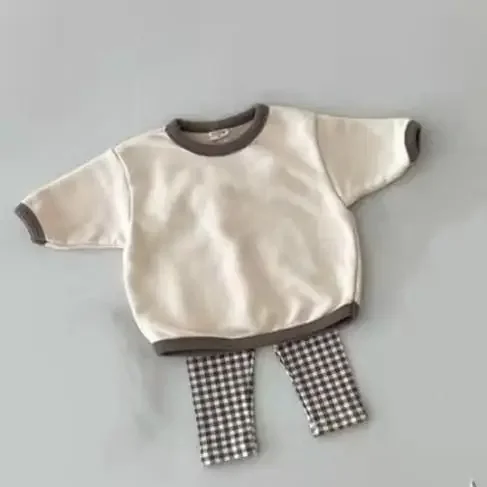 Haut à manches longues et pantalon à carreaux pour bébés garçons et filles, ensemble de pyjamas pour enfants, coton pour tout-petits, mode décontractée solide, nouveau, 2 pièces, 2022