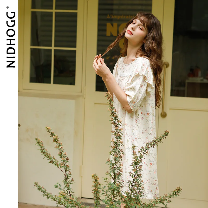 فستان نوم فرنسي عتيق مزين بالزهور للنساء صيفي بأكمام قصيرة من الدانتيل ثوب نوم الأميرة كشكش الجنية ملابس منزلية قميص نوم فضفاض #4