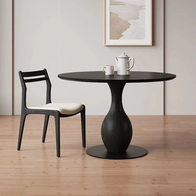 Retro black round dining table walnut solid wood sintered stone round table
