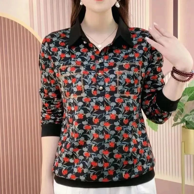 Spring Autumn Long Sleeve Collared Base Shirt Loose Slimming High End Iron Drill Small Shirt Inner Wear Casual Style Ladies T...