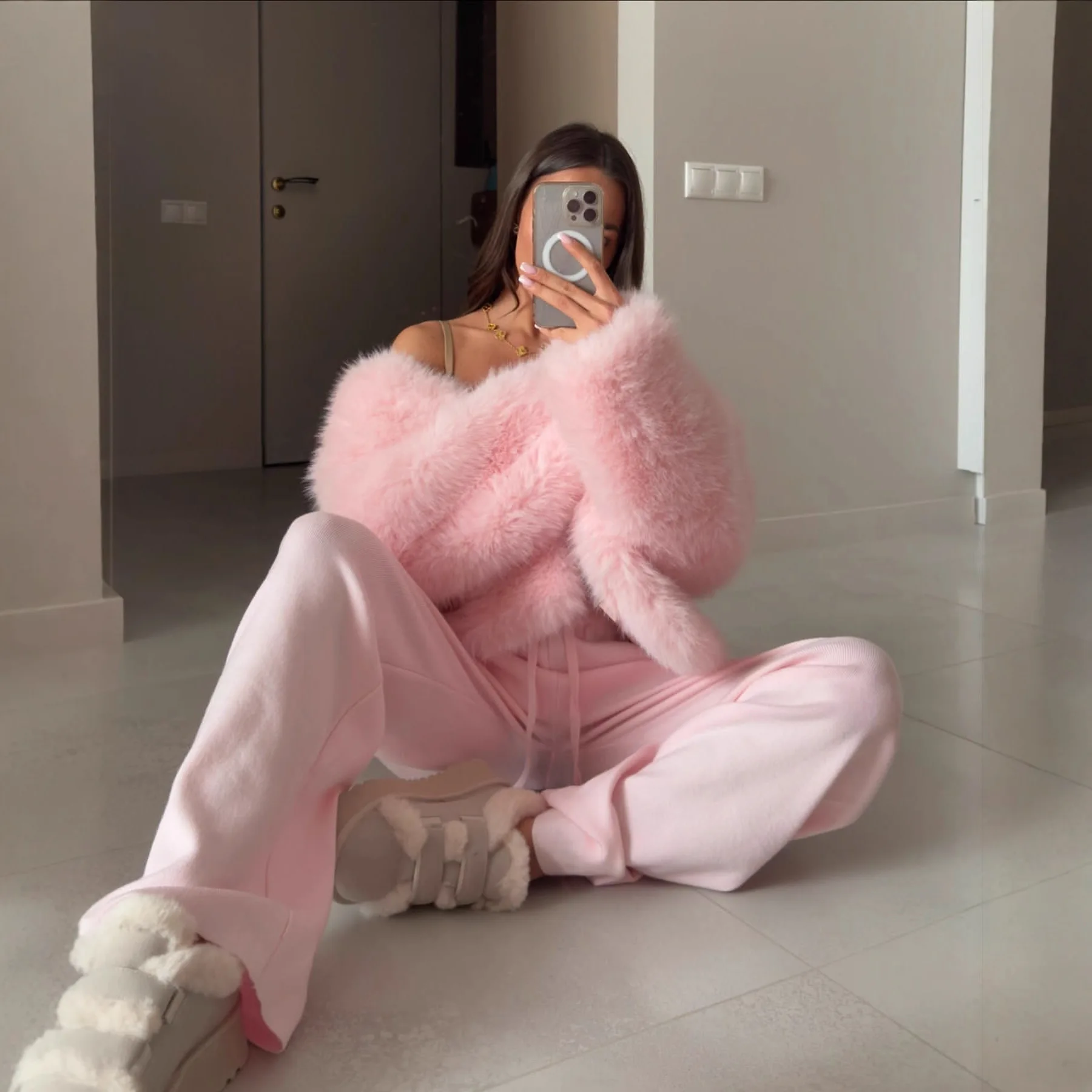 

Cropped Women Winter Faux Fur Jacket Solid Color Suit Collar Lady's Artificial Fur Outwear Thermal Desinged Female Mink Fur Coat
