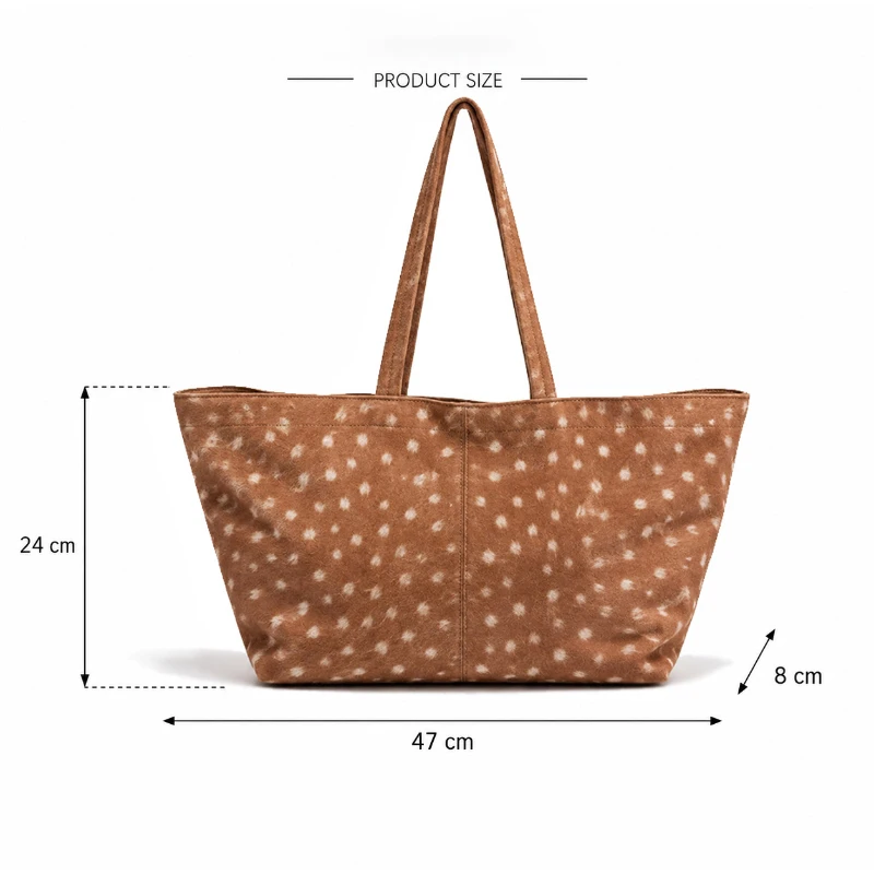 Retro Wildleder-Tasche mit Hirschmuster und Tupfen, Große Kapazität, Damen-Schultertasche, Alltagstasche für Arbeit und Einkauf, Einfach und Leicht – Detail 1