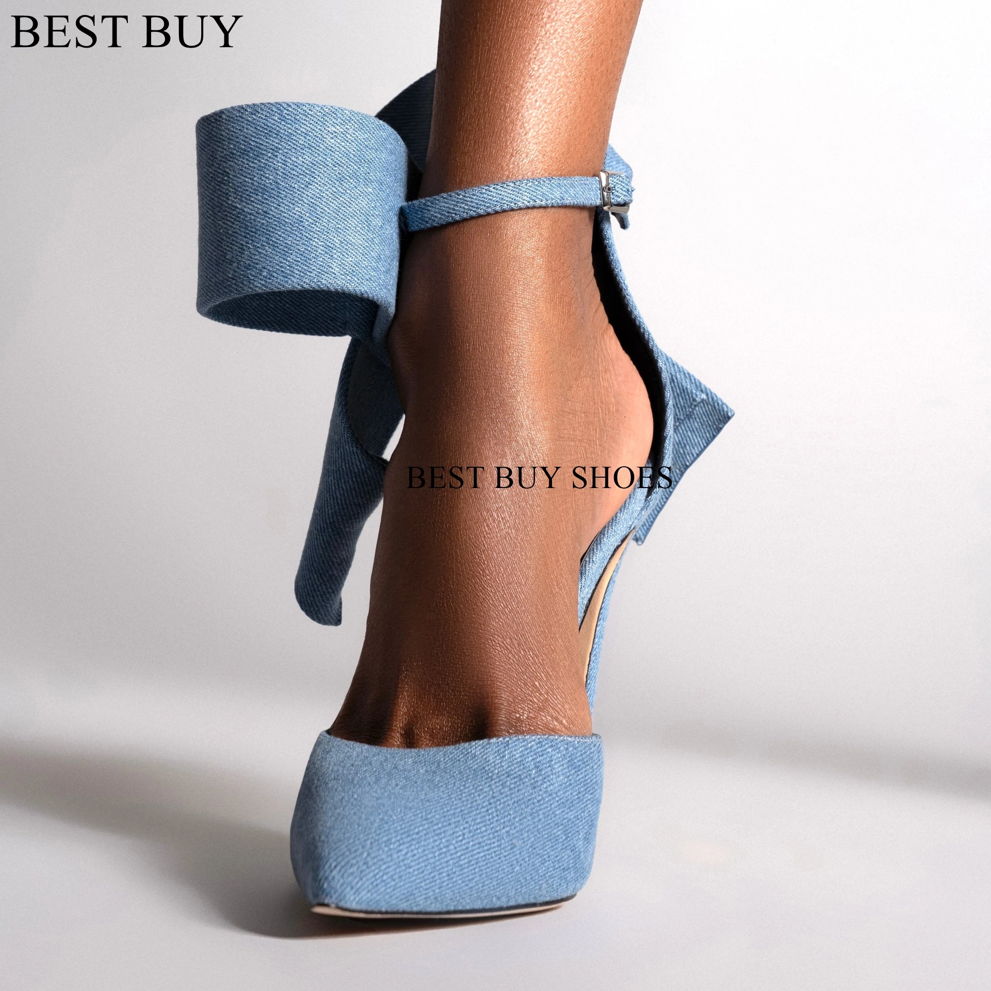 2024 Wiosna Lato Traf Czerwony Fioletowy Różowy Denim Bow Ladies Bottom Pumps Ankle Strap Stiletto High Heel For Women Pink Luxury Shoes