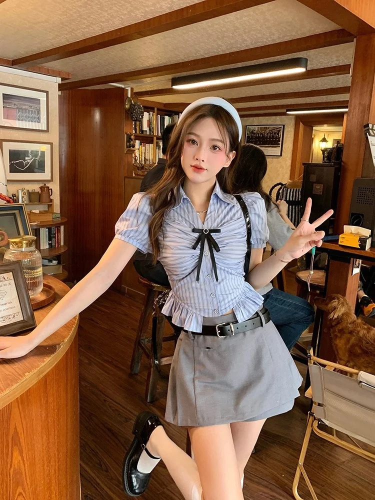 

American Style Sweet And Spicy Street Set Women Summer High Sensation College Wind Short Striped Shirt Half Skirt Two Piece Set