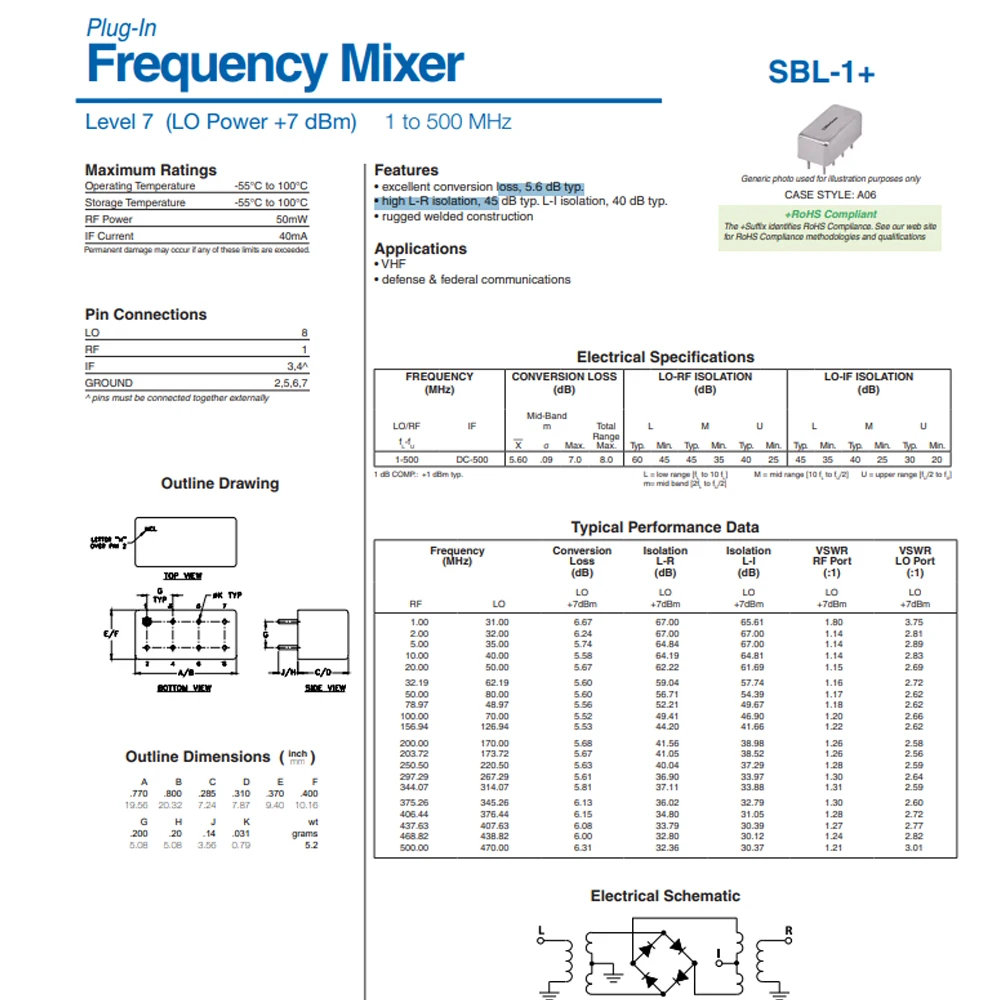 SBL-1 SBL 1 SBL-1+ RF Frequency Mixer Double Balanced +7 dBm 1 to 500MHz Transformer Plug In
