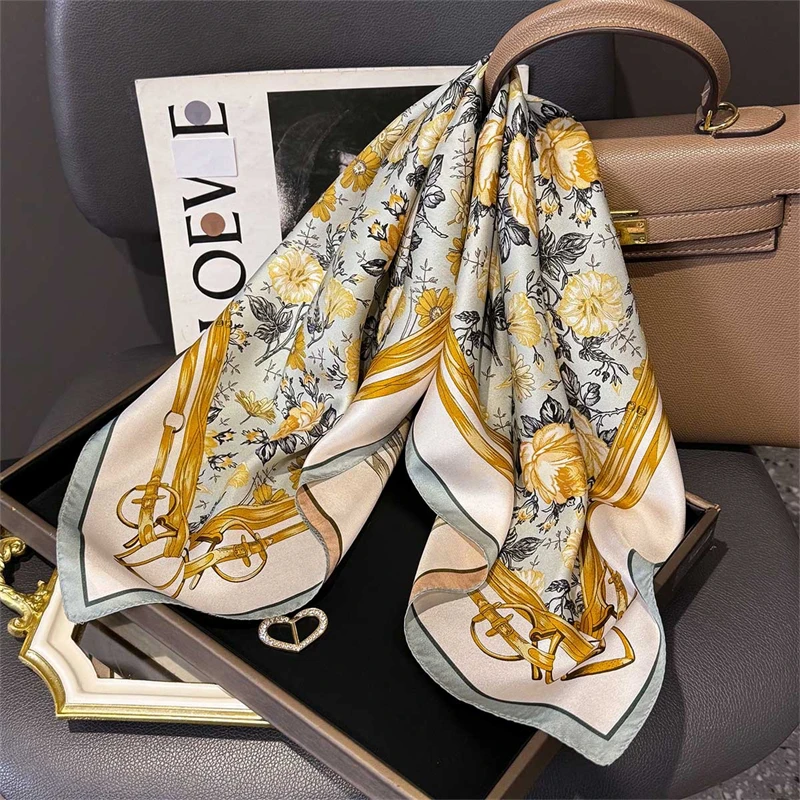 

14mm 100% Twill Silk Square Scarf for Women 65cm Neck Tie Neckerchief Double side Female Foulard Headband Hijab Shawl Bandana