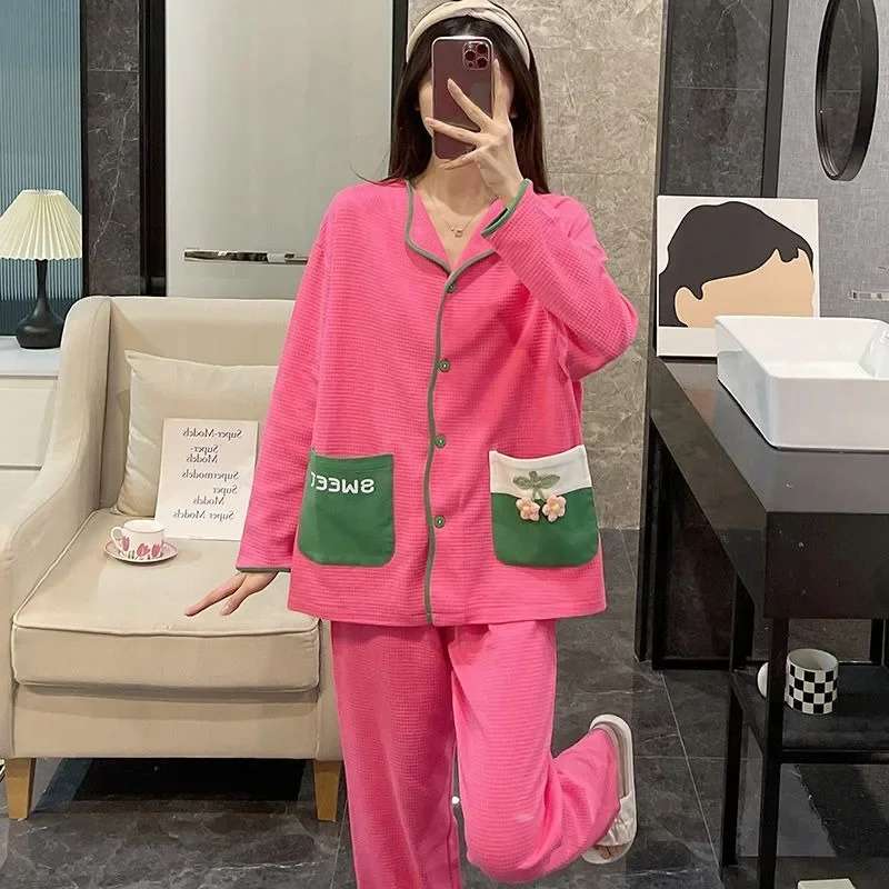 Spring and Autumn Pure Cotton Flower Waffle Sweet Casual Loungewear New Style Comfort Soft Rose Red Long Sleeve Pajamas Female