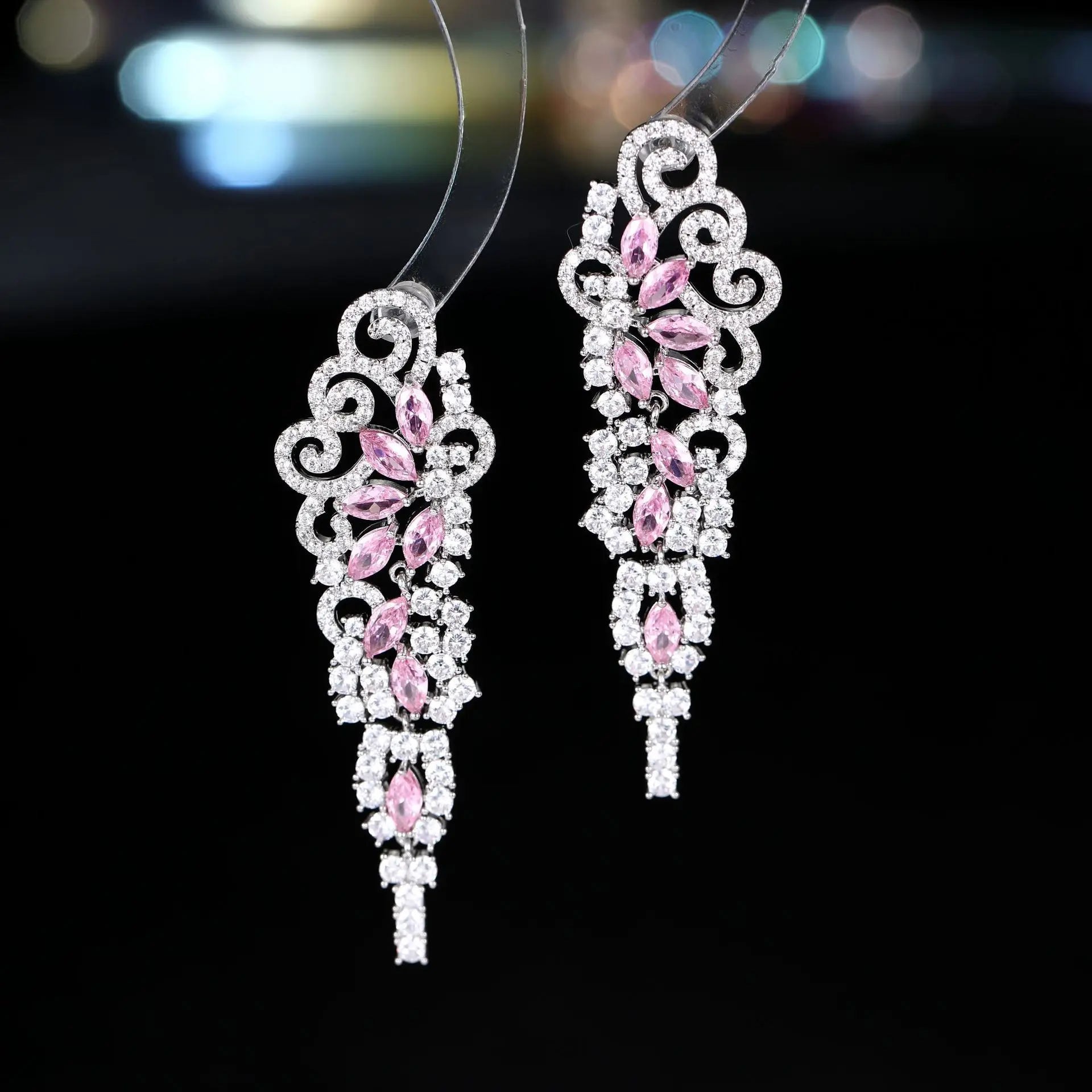 FXLRY European and American Light Luxury High-end Sense Long Tassel Heavy Industry Full Set Zircon Earrings For Women